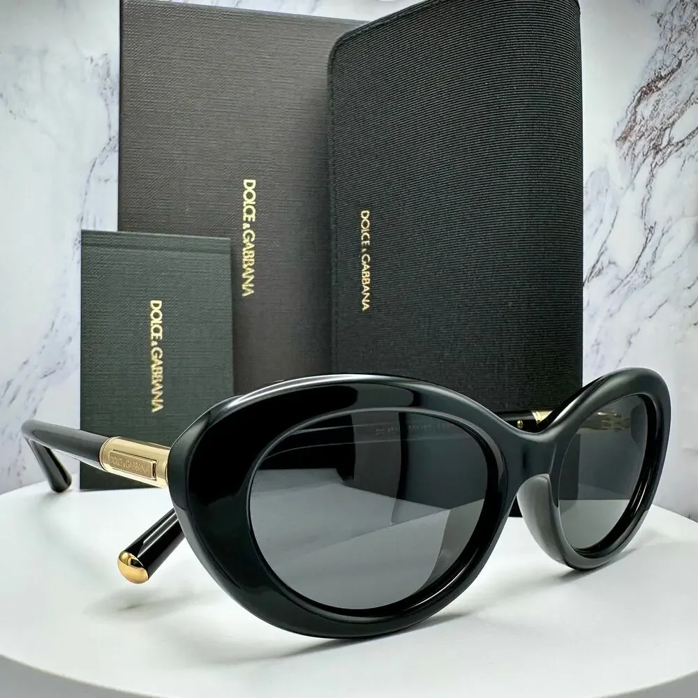 New Dolce & Gabbana Sunglasses Black Oval Cat Eye Gold Metal Logo 54-18